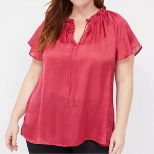 NWT Lane Bryant Vibrant Pink/Red Swing Cap-Sleeve Tie-Front Blouse - Size: 14/16